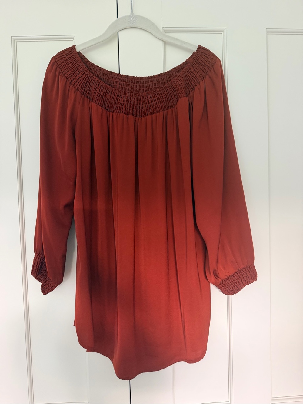 Cabi Satin Rust Smocked Blouse